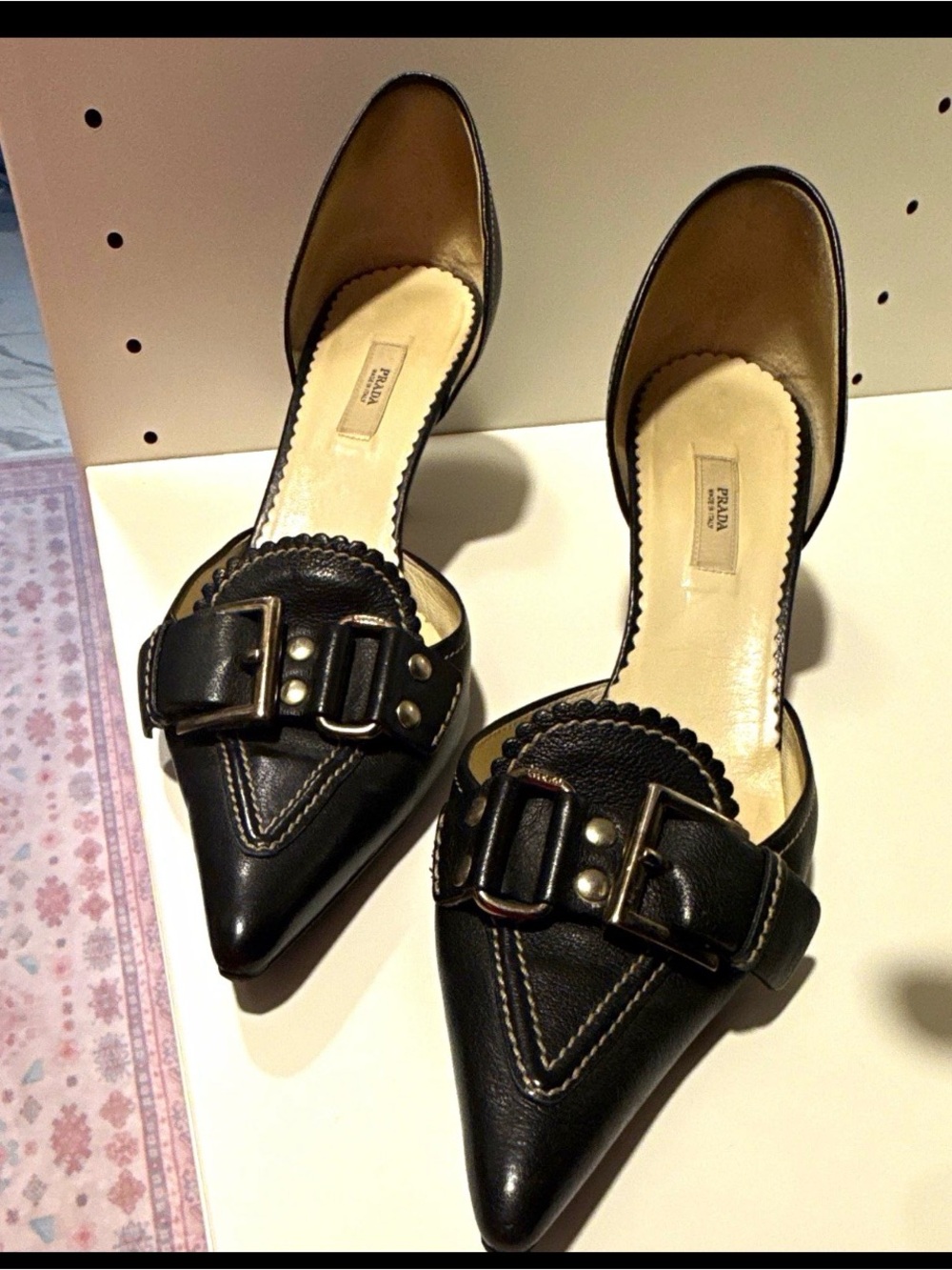Prada Black Pointed Leather Buckle Mules with Stud Detail